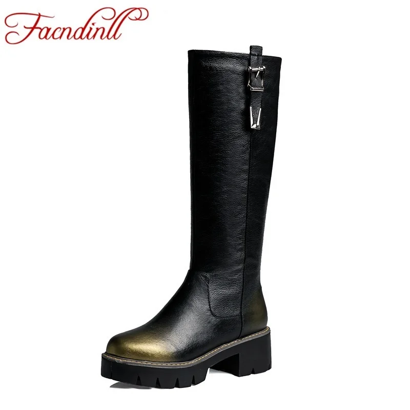 

FACNDINLL genuine leather autumn winter boots platform buckle motorcycle boots women shoes riding boots women knee high boots