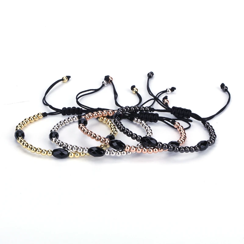 

Design Faceted Black Onyx Stone Bead Gold Silver Color Copper Charm Knot Adjustable Braiding Unisex Macrame Bracelet Man Woman