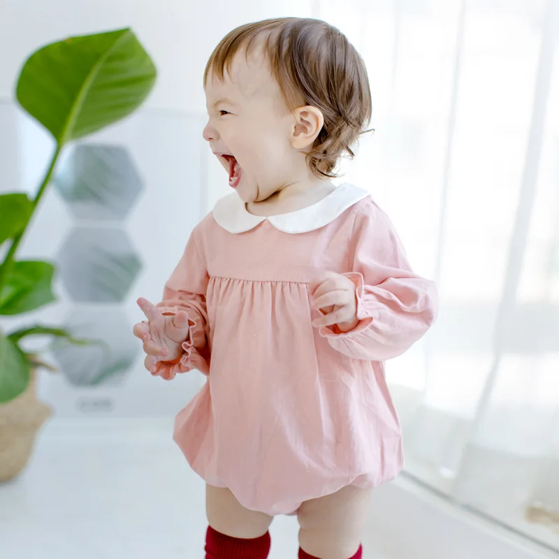 

2017 Newborn Baby Girls Clothes Peter Pan Collar Long Sleeve Autumn Cotton Girls Jumpsuit Sweet Solid Pink Baby Rompers