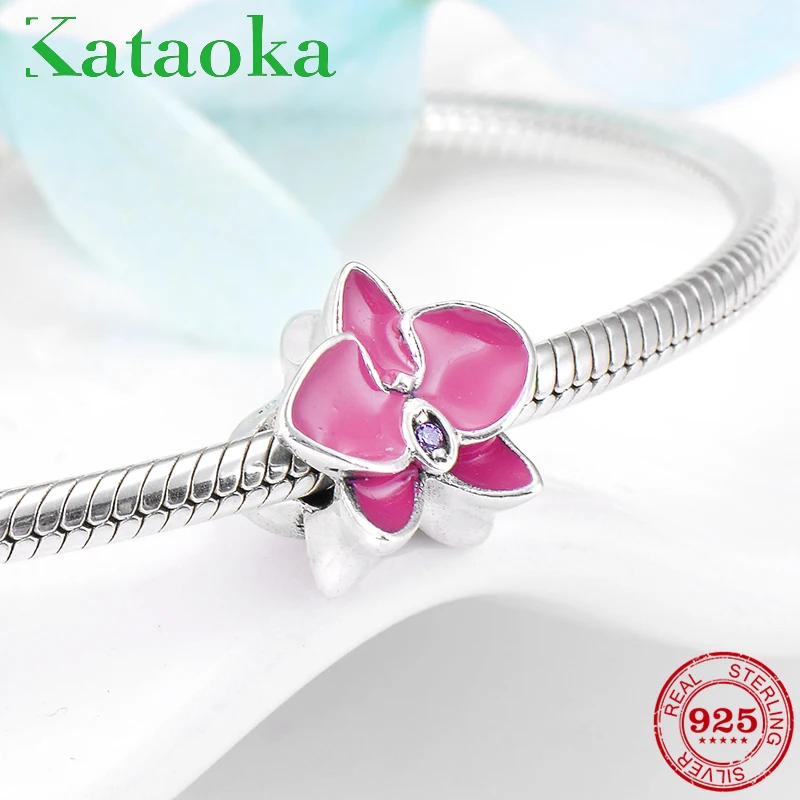 

Fashion pink orchid shape charms beads with CZ 925 Sterling Silver Fit Original Pandora Charm Bracelets bangles DIY Jewelry
