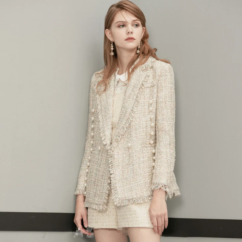 

Tweed jacket double breasted 2019 spring / autumn women's jacket handmade tassel pearl buckle British temperament ladies jacket