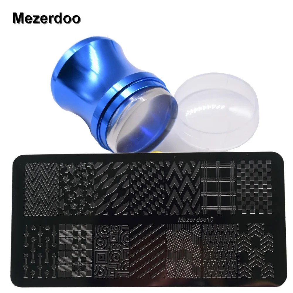 

Geometry Style Nail Art Template Line Grids Image Plate+4.0 Cm Blue Metal Handle Clear Jelly Head Stamping Scraper Set with Cap