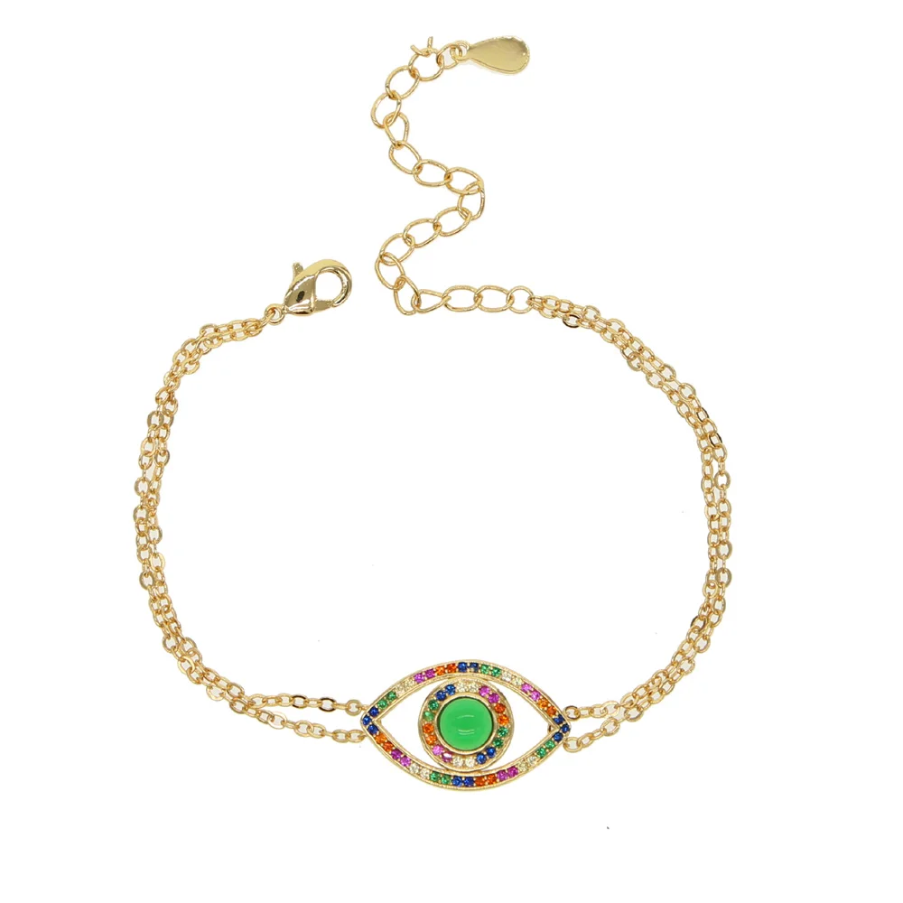 

Gold color rainbow green stone cz paved turkish evil eye fashion chic bracelet