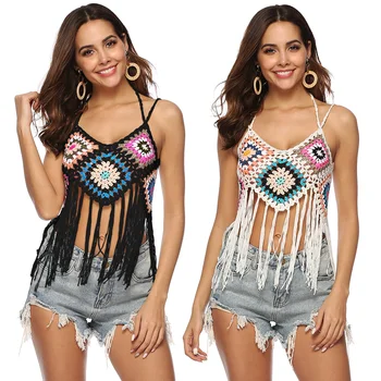 

H80&S90 New Hand Crochet Knitted Women Hollow Out Beach Top Ladies' Sleeveless Strap V-Neck Tank Tops Female Tassel Swimwear