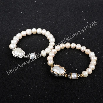 

New Fashion Cylinder&Freeform Natural Pearl Beads Paved Zircon With Imitation White Pearl Beaded Bracelet Druzy Jewelry JAB174