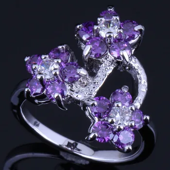 

Enjoyable Flower Purple Cubic Zirconia White CZ Silver Plated Ring V0595