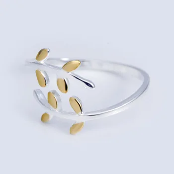 1Pcs Free Shipping 925 Silver Double Leaf Small Finger Rings Fashion Golden Leaves Opened Ring Women Wedding Jewelry Wholesale
