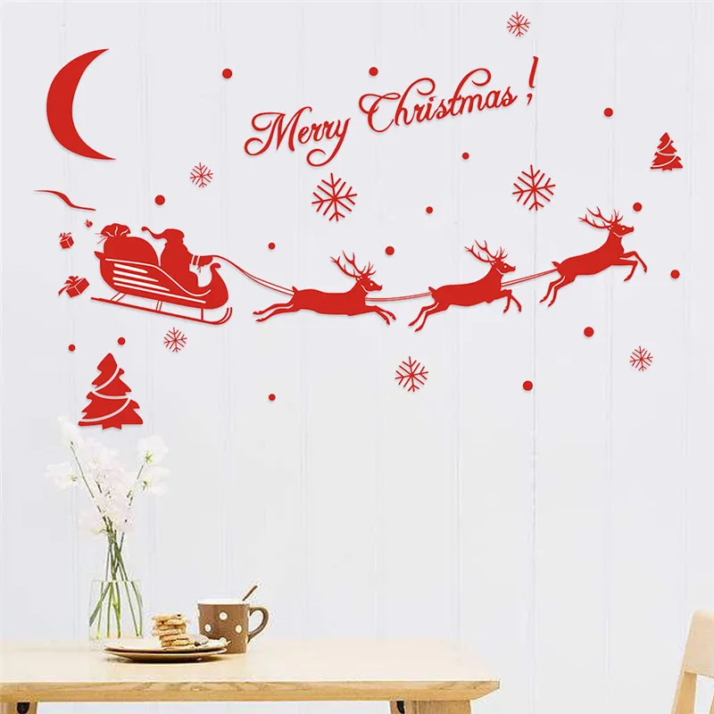 

Merry Christmas Wall Sticker Red Black Cute Reindeer Carriage Glass Showcase Window Door Background Xmas New Year Wall Sticker