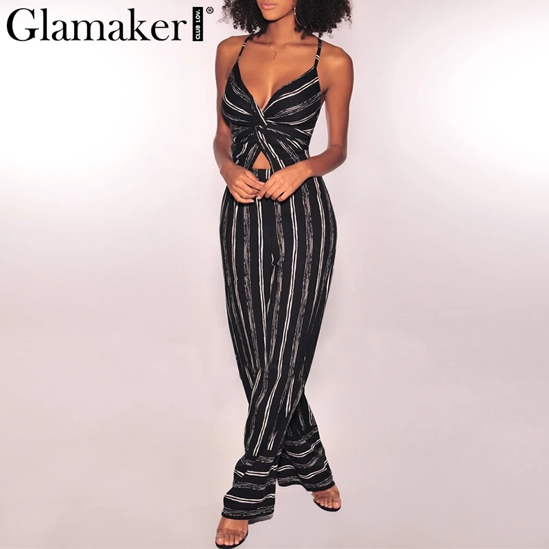Glamaker Striped print pleated off shoulder two-piece suit long jumpsuit Women wide leg pants Office lady sexy casual overalls