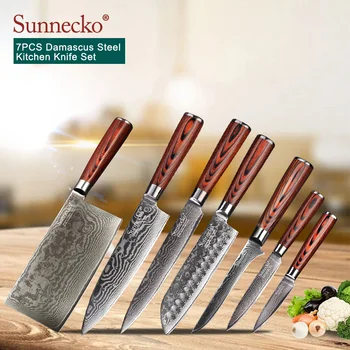 

SUNNECKO 7PCS Kitchen Knives Set Utility Chef Knife 73 Layers Damascus VG10 Steel Razor Sharp Pakka Wood Handle Cutting Knife