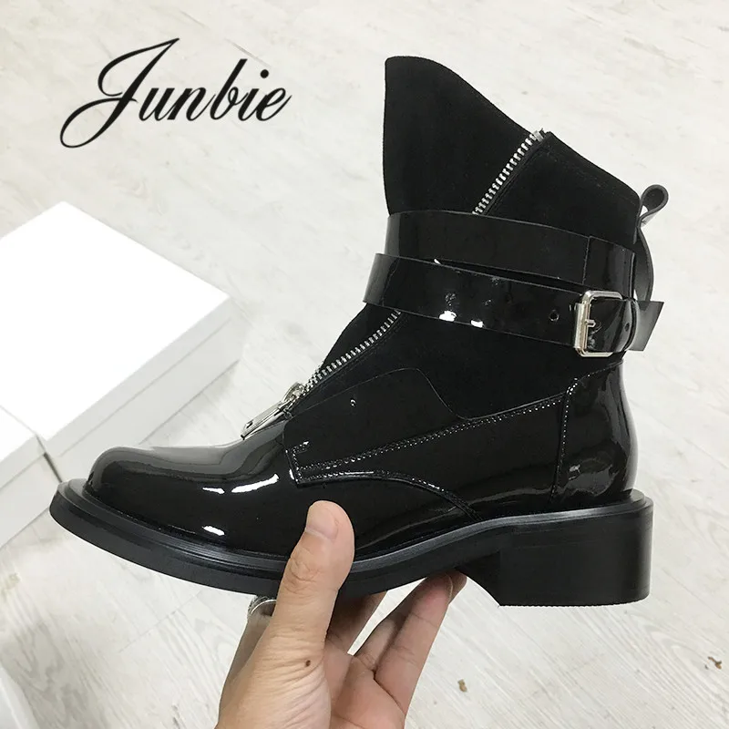 

JUNBIE New Genuine Leather Metal Buckle Strap Motorcycle Boots Round Toe Women Winter Ankle Boots Shoes Women