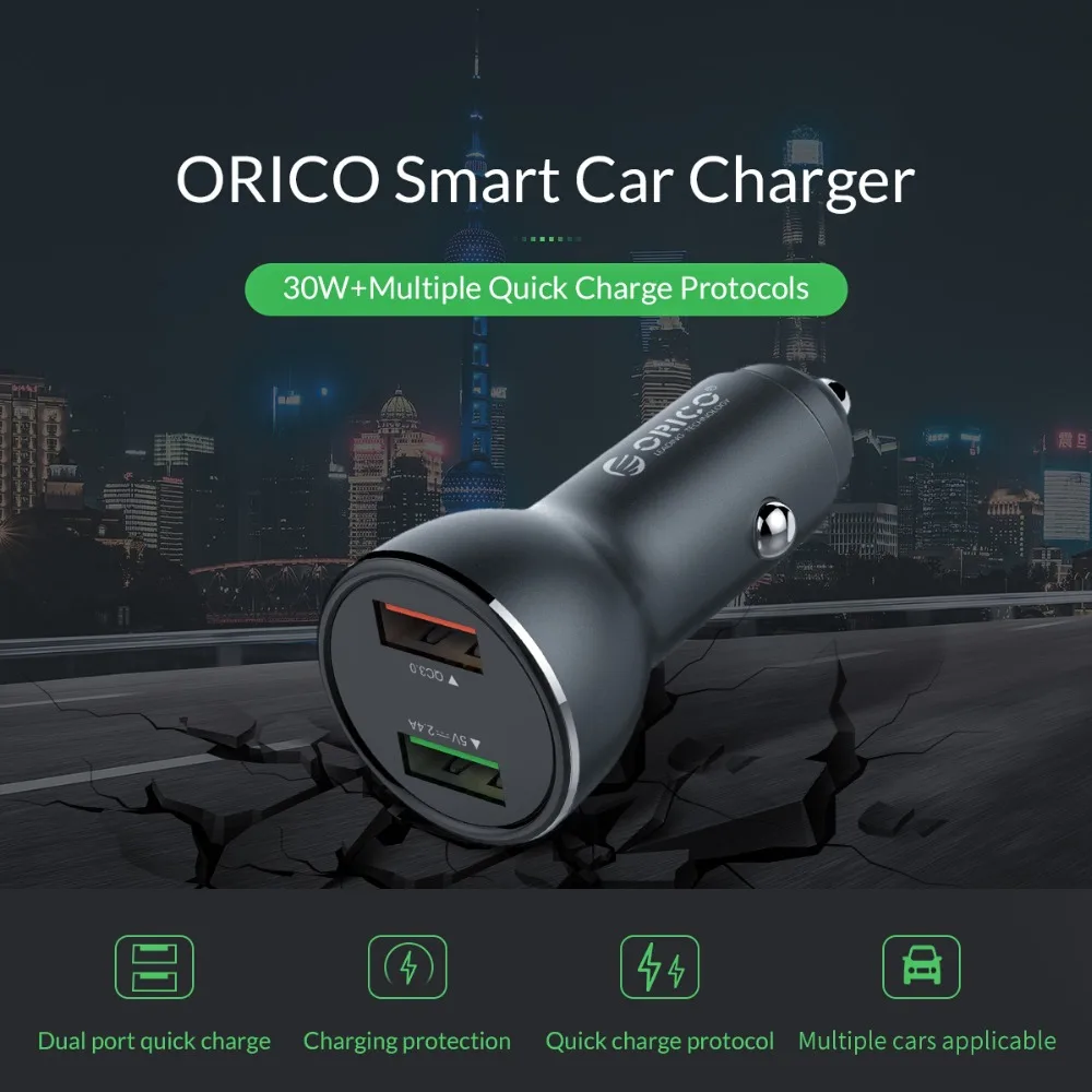 ORICO UPF-Q2 30 Вт Быстрая зарядка 3,0 USB Автомобильные зарядные устройства QC3.0 и 5 в 2,4 А Быстрая зарядка для iPhone 8 XS Max Xiaomi mix3 зарядное устройство для телефона