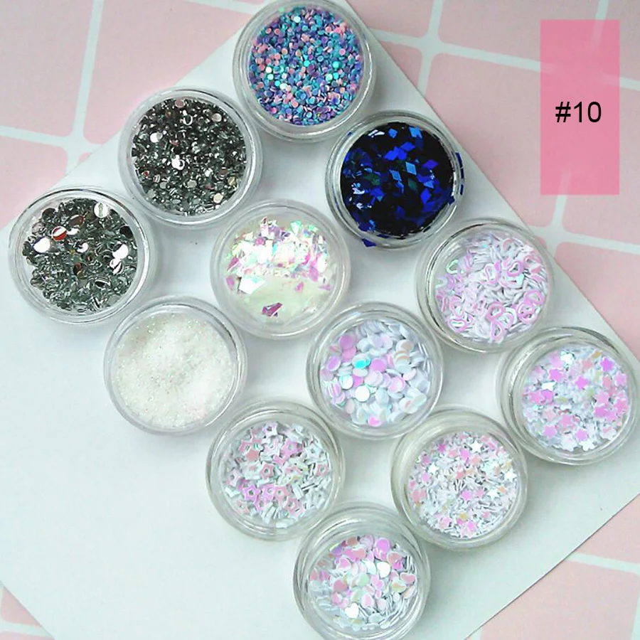 12 банок многоцветные Блестки для ногтей и пудры дизайн ногтей набор украшений Звезда Сердце переливающийся конфетти Spangle для макияжа, ногтей - Цвет: NO 10