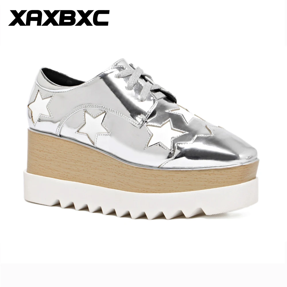 

XAXBXC 2018 Spring Fashion Silver Star Platform Women Pumps Square Toe Wedges Women Shoes Handmade Casual Lady Shoes