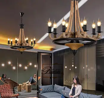 

American iron art industrial hemp clothing shop loft retro Pendant Lights wind net cafe bar 6/8head hall Pendant Lampsa
