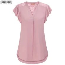 BIUBIU женские шифоновые футболки, кружевные лоскутные сексуальные топы с v-образным вырезом и коротким рукавом, открытые Женские повседневные летние футболки, женские топы