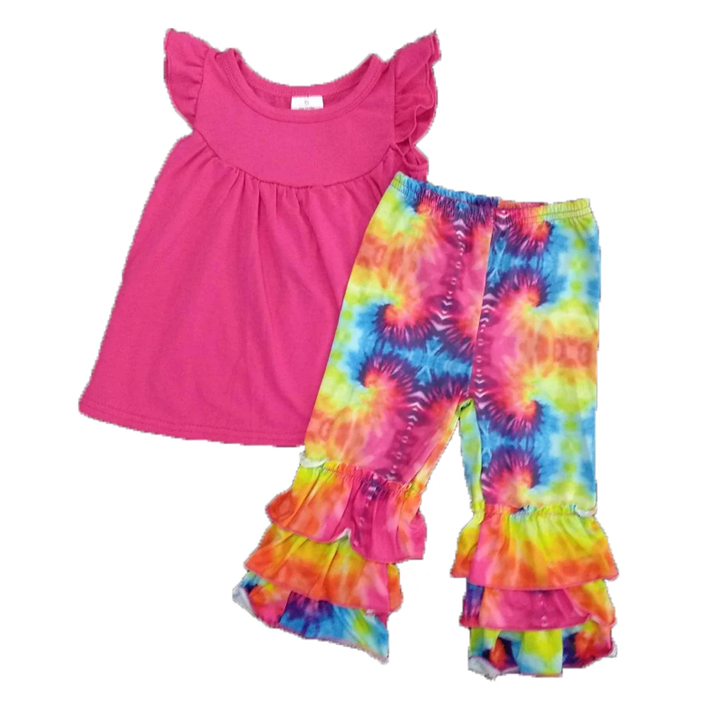 

Fashion Girls 2 Pieces Outfits Clothes Tie Ruffle Dyeing Print Pants Match Little Flying Sleeve