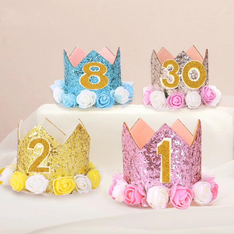 0-30 Flower Crown Birthday Hat Children's Party Decorative Cake Photo Prop Headgear Sequined | Дом и сад