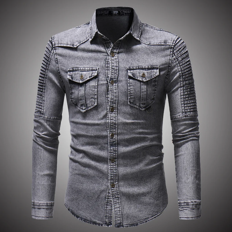 

2018 Spring Autumn High Quality Denim Shirt Men Casual Long Sleeve Fit Slim Personality Pocket Black Blue Hombre Blouse D2868