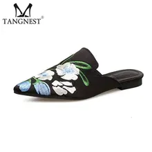 Tangnest/Новые вышивать Для женщин Шлёпанцы элегантный цветок печатных Свадебная вечеринка обувь на плоской подошве женская обувь с острым носком босоножки на каблуках XWT1430