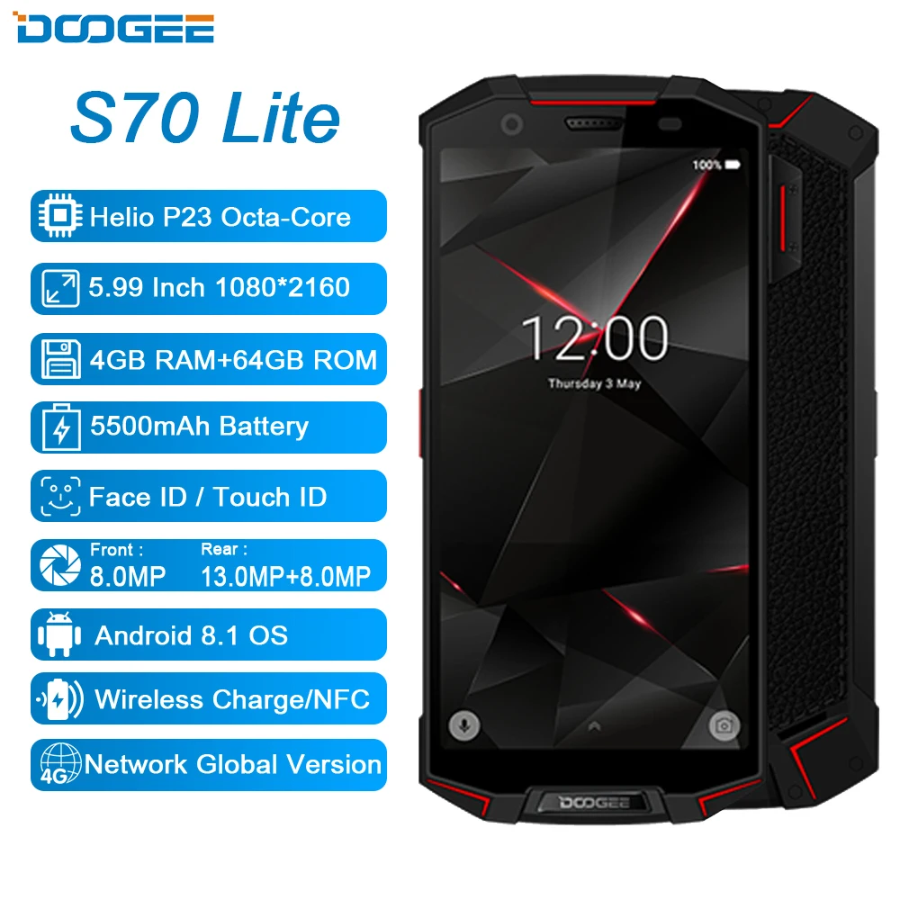 IP68/IP69K impermeable DOOGEE S70 Lite teléfono móvil carga inalámbrica NFC 5500 mAh 12V2A carga rápida 5,99 ''MTK P23 octa Core 4 GB 64 GB