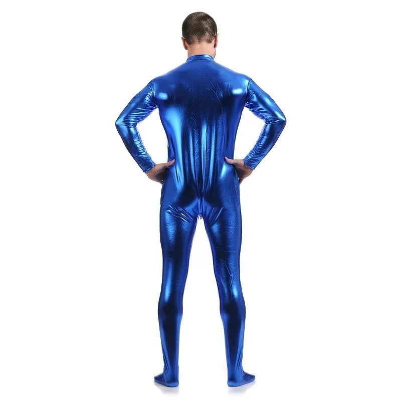 Unitard Облегающий комбинезон с длинными рукавами лайкра Золотая водолазка металлик зентай боди Блестящий металлический мужской костюм на все тело молния спереди