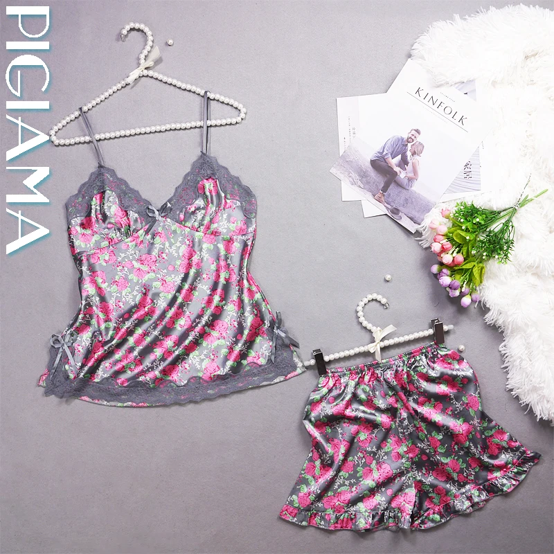 Женский пижамный комплект PIGIAMA шелковая пижама с цветочным кружевом Дамский