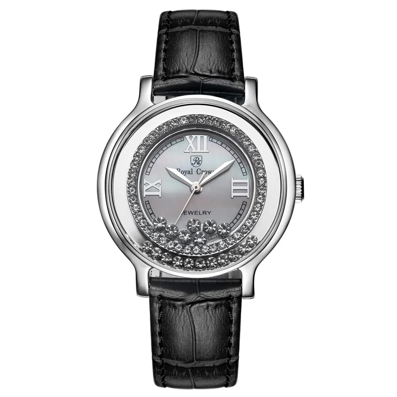 

Royal Crown 3638 Italy brand Jewelry Watch Diamond Japan MIYOTA platinum Fine Fashion Dress Leather Shell Luxury Rhinestones