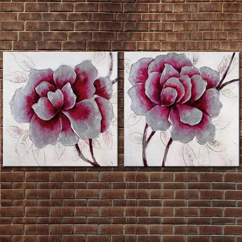 Hand Painted Modern Flower Canvas Art Pink Flower Oil Painting 2 Panles