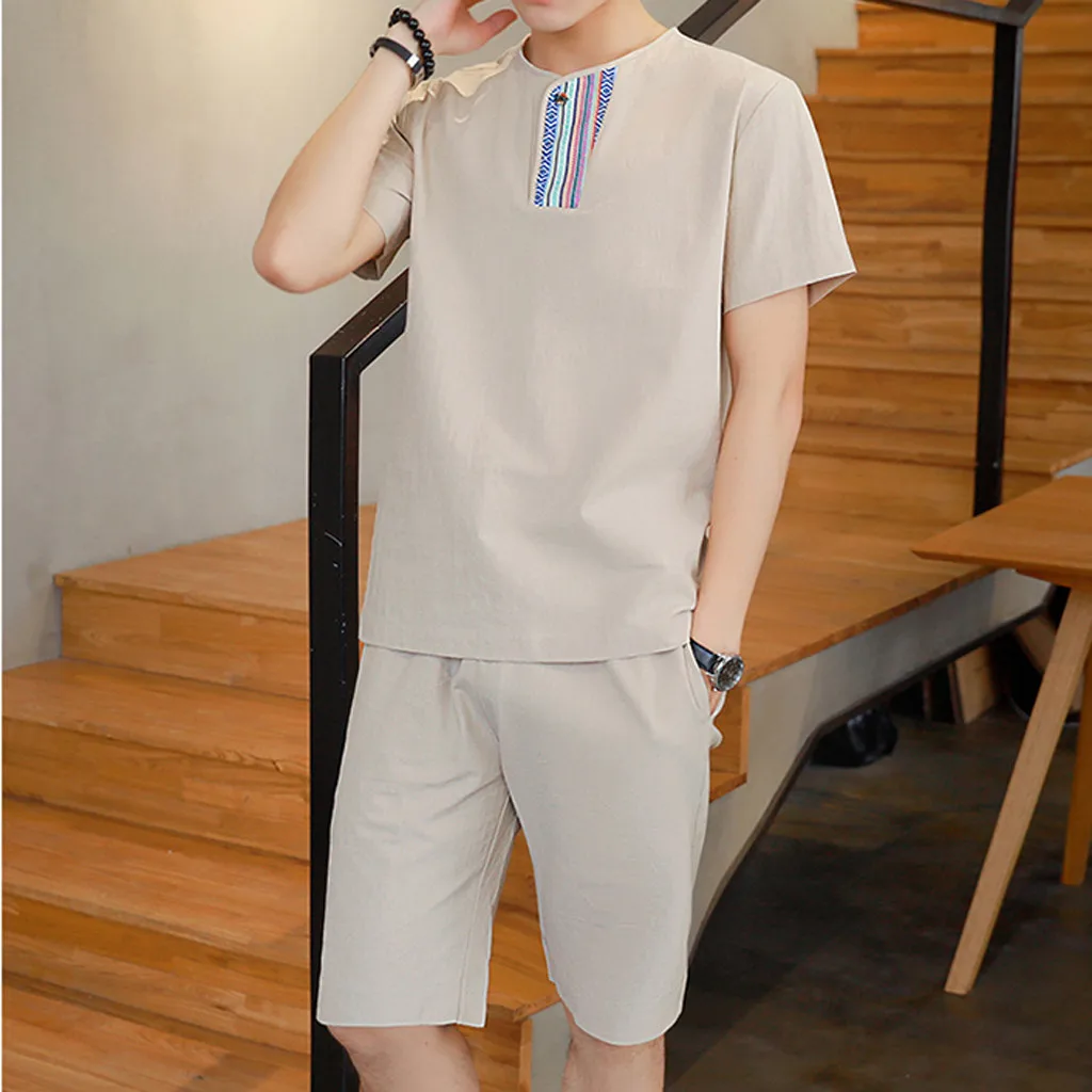 Busos Para Hombre спортивный костюм для мужчин Ropa Hombre Летний Мужской Хлопковый и льняное с короткими рукавами шорты комплект костюм спортивный костюм Ropa 7,8