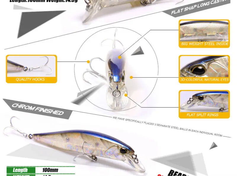 Retail Bearking 2016 hot model fishing lures hard bait 7color for choose 100mm 14.5g  minnow,quality professional minnow