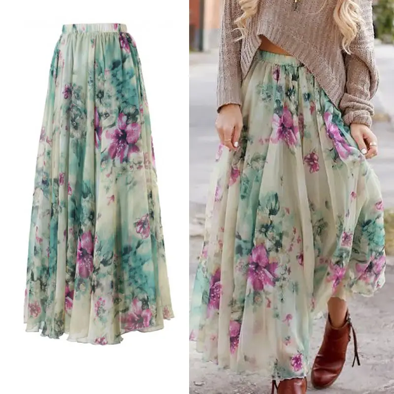 New Women s Boho Floral Long Maxi Skirt Summer Beach Party Sun font b Vintage b