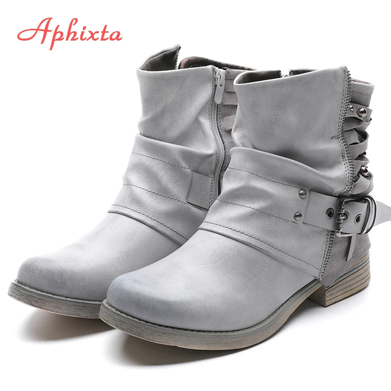 

Aphixta Hot Sale Rivets Ankle Boots For Women Vintage Riding Equestrian Boots Leather Shoes Zip Square Heels women Shoes