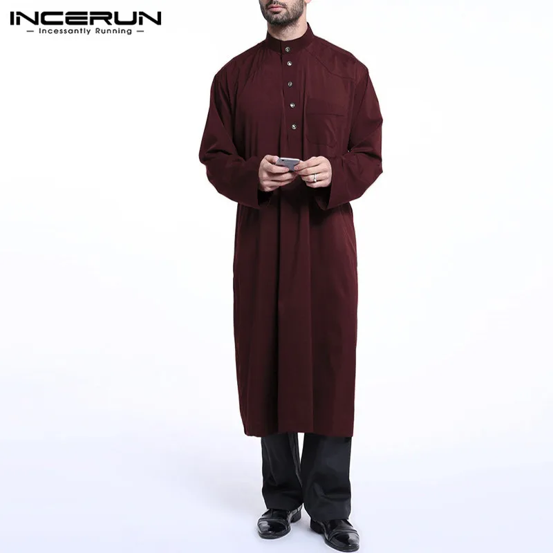 Wine Red INCERUN мужской s мусульманский Саудовский арабский Тауб кафтан платье халат с длинным рукавом джубба Тобе Мужская Саудовская Арабский Мусульманский Исламский одежда 5XL - Цвет: Wine Red
