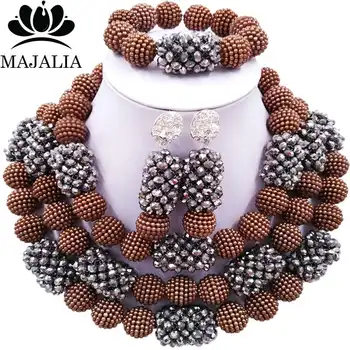 

Majalia Fashion Charming Nigerian Wedding African Jewelry Set Brown and Silver Crystal Necklace Bride Jewelry Sets 3SZ075