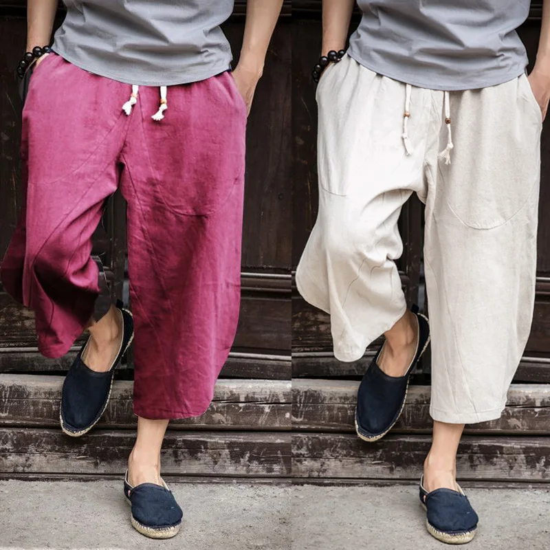 

Man Linen Cropped Cross Pant Trouser Men Casual Wide-Legged Bloomers Summer 2018 Male Traditional Nepal Trousers