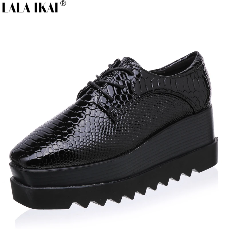 Platform Oxford Shoes for Women Snakeskin Patent Leather Square Toe
