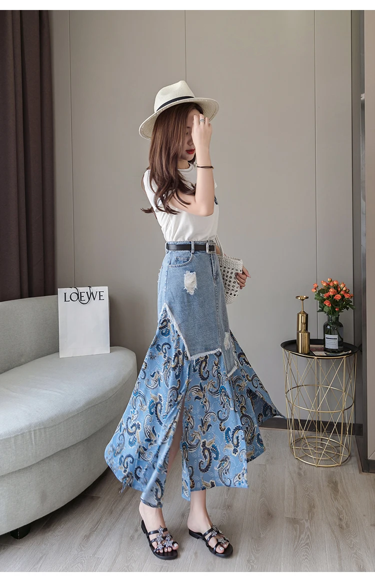 Trytree Summer Women two piece set Casual O-Neck Tops+ Skirt Demin Patchwork Print Hem Belt Pocket Suit Office Lady 2 Piece Set