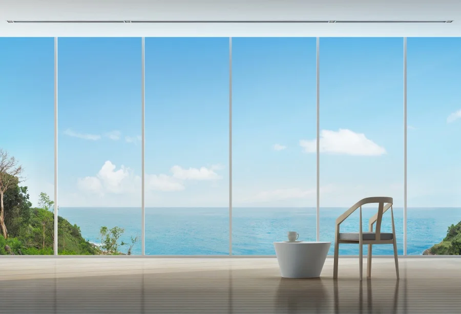

Laeacco Tropical Sea View House French Window Chair Floor Island Sky Photo Backgrounds Photographic Backdrops For Photo Studio