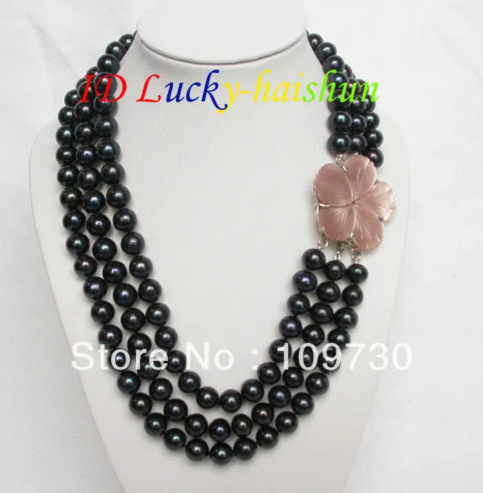 

Jewelry 001063 Genuine 3row 10mm 17" black freshwater pearls necklace