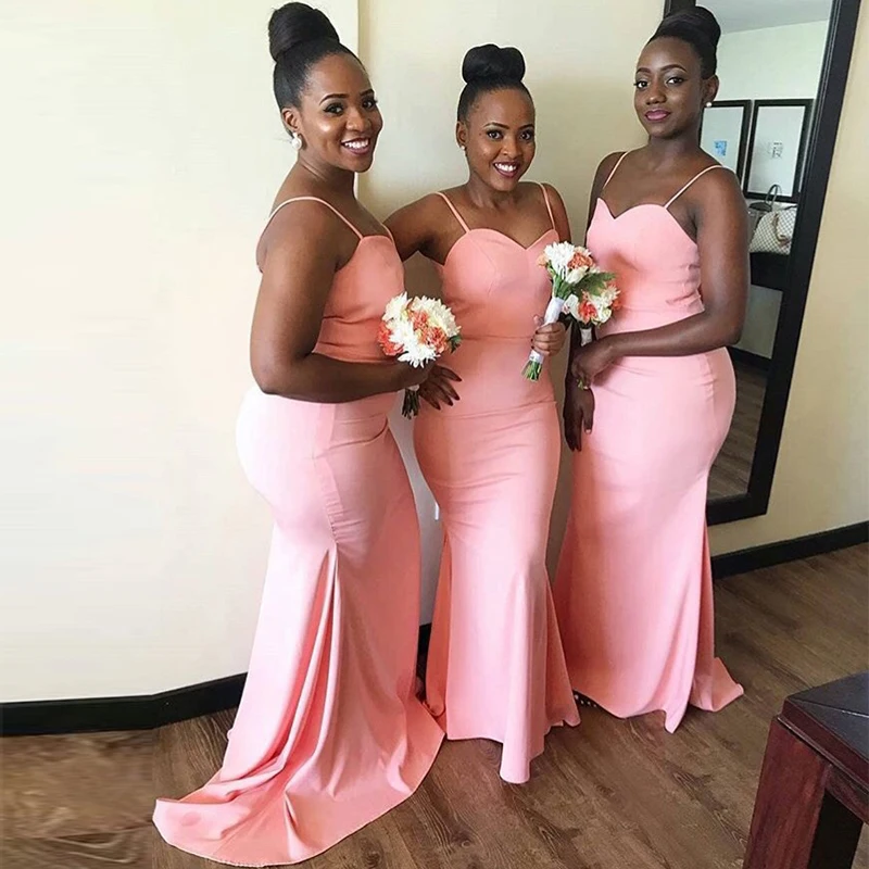 

Simple Mermaid Bridesmaid Dress Long Spaghetti Straps Elastic Satin Pink Wedding Party Dresses Sweep Train Robe De Soiree