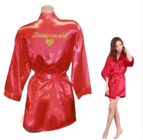 Bridesmaid Robes Bridesmaid Heart Golden Glitter Print Faux Silk Kimono Robes Wedding Gift Bride Team Bachelorette Lov