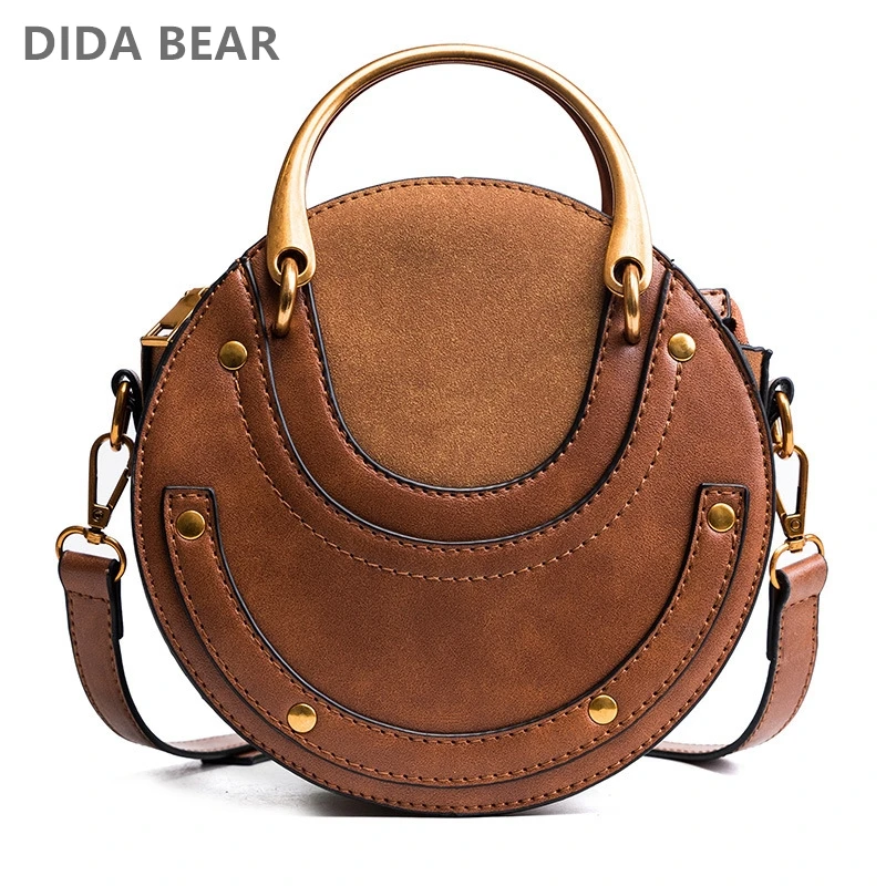 

DIDABEAR Women Tote Bag Fashion Circular Leather Bags Retro Metal Ring Handbag For Girl Small Round Lady Shoulder Messenger Bags