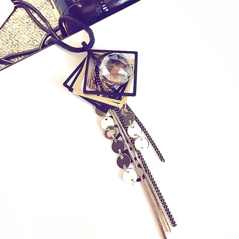 Черный геометрический кристалл шар кисточкой длинное ожерелье для женщин Bijoux Мода свитер Ювелирные изделия Подвески милый подарок