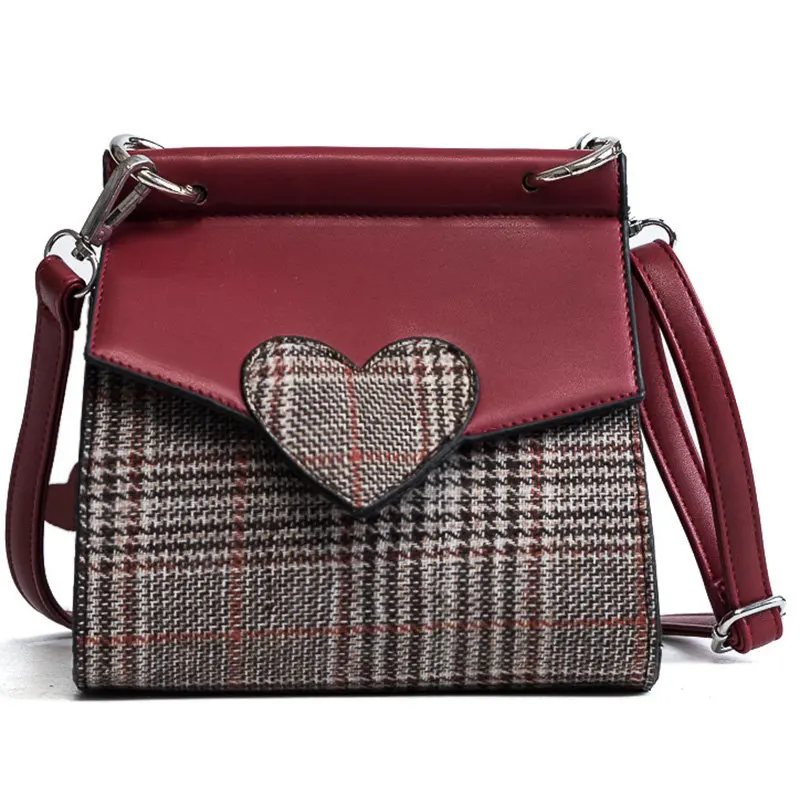 

Messenger bag female 2018 new check woolen bag Peach heart hit color double shoulder bag packet