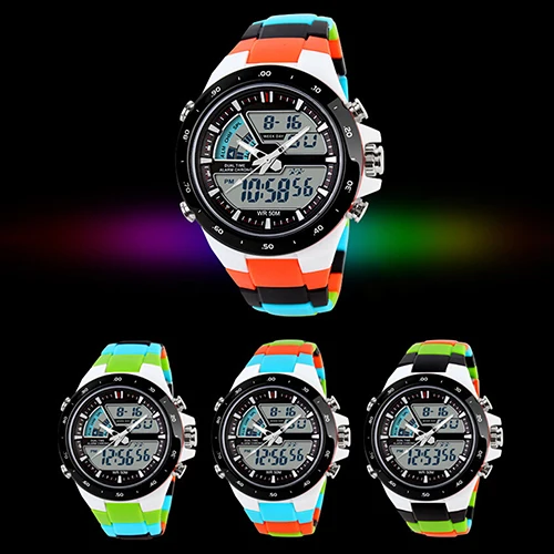 SKMEI 1016 модные многофункциональные водонепроницаемые спортивные часы для мужчин с двумя часовыми поясами подсветка Круглый циферблат цифровые часы