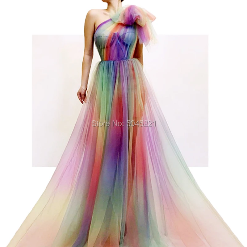 

One Shoulder Multi Color Formal Evening Dresses New 2019 Dubai Design Prom Dress Tulle Handmade Party Gowns Robe De Soiree Aibye