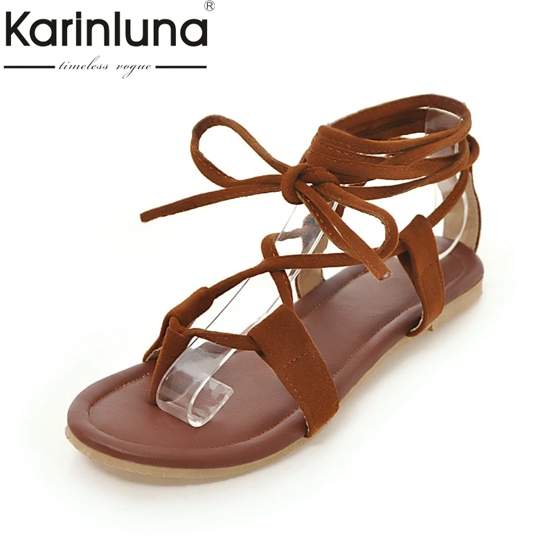 

KarinLuna 2018 Large Size 30-45 Top Quality Gladiator Sandal Shoes Women Rome Style Flat Heels Leisure ankle-warp Woman Shoes