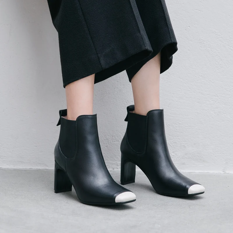 MNIXUAN Handmade ladies ankle boots high heels women shoes Chelsea boots new square toe cowhide black Knight short boots