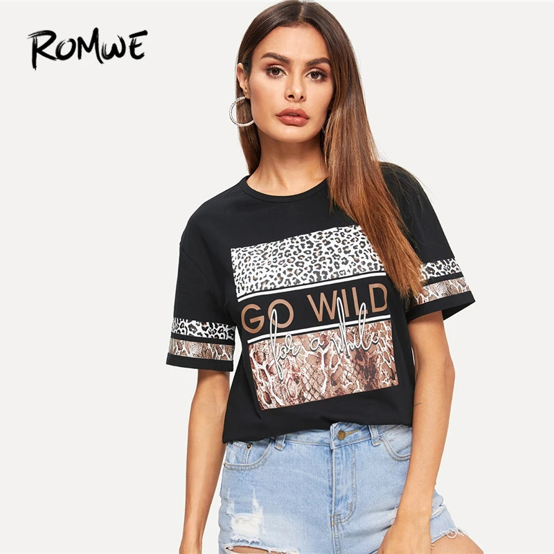 

ROMWE Letter Mixed Animal Print Tee 2019 Comfort Summer Stretch Short Sleeve Female Tops Swish Women Black Leopard T Shirt